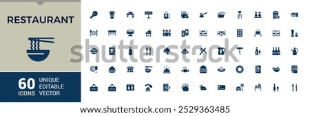 Set of solid Restaurant flat icons. Related to cooking, menu, fast food and dinner. Editable filled symbol pack. Pixel perfect. Vector illustration.