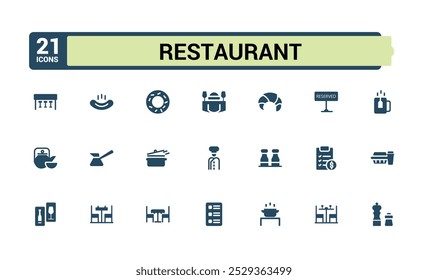 Set of solid Restaurant icons. Containing cooking, menu, dining and dinner flat icon collection. Editable filled symbol pack. Pixel perfect.