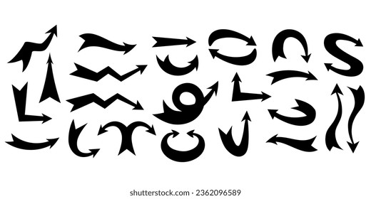 set of solid silhouettes of volumetric thick arrows of direction and growth. Vector simple arrows