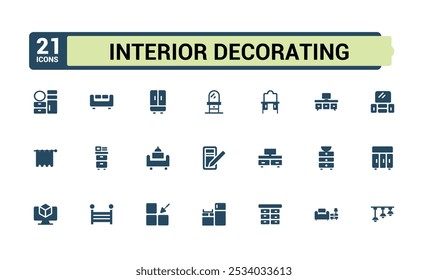 Set of solid style interior decorating icons. Related to furniture, Interior Design, lighting, home decor style floor plan. Filled icons collection. Editable and pixel perfect sign pack.