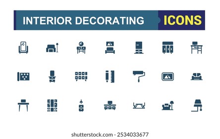 Set of solid style interior decorating icons. Related to furniture, Interior Design, lighting, home decor style floor plan. Filled icons collection. Editable and pixel perfect sign pack.