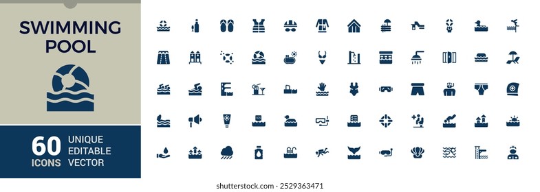 Conjunto de iconos sólidos de la piscina. Relacionado con traje de baño, gorro de natación, gafas, aletas, natación y más, colección de iconos rellenos. Editable y Pixel perfecto. Ilustración vectorial.