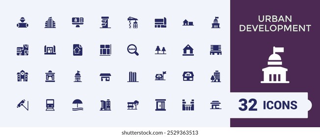 Set of solid Urban development icons. Related to building, hospital, street, cityscape, company and more. Editable filled icon collection. Pixel perfect, Vector illustration.