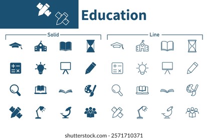 Set of solid vector icons about school, online learning, writing, books. Education icon.