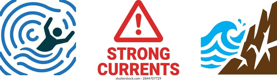 Set of solid vector icons depicting water hazards, including a struggling swimmer in a rip tide, a strong currents warning sign, and waves crashing against sharp rocks.
