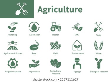 Set of solid vector icons on agriculture theme. Symbols of crops, irrigation systems, farming, agricultural tools, tractor.