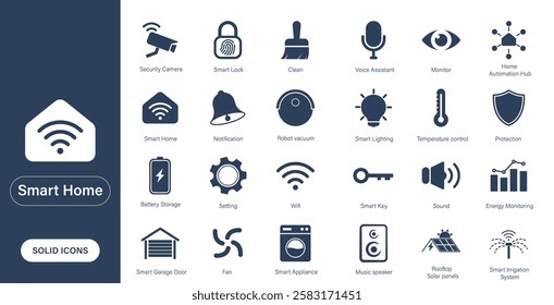 Set of solid vector icons on the theme of robot vacuum cleaner, cleaning, automation, smart security. Smart home icon. 