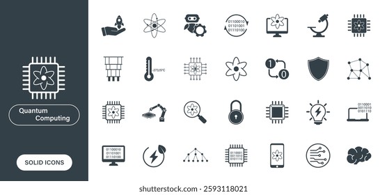 Set of solid vector icons on topics related to quantum computing, technology, atoms, and microchips.