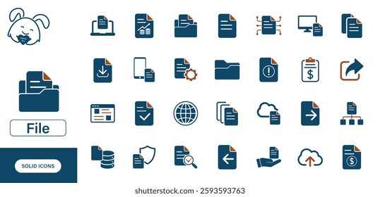 Set of solid vector icons representing documents, files, folders, storage, and computers.