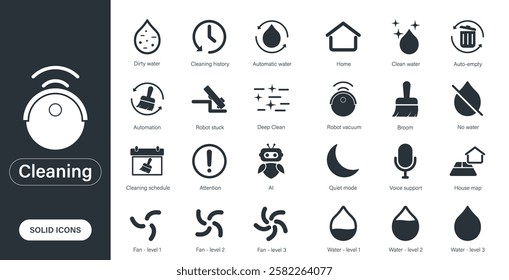 Set of solid vector icons of robot vacuum cleaner, smart cleaning, mopping, housekeeping. Cleaning icon.