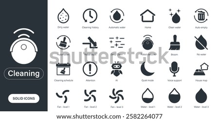 Set of solid vector icons of robot vacuum cleaner, smart cleaning, mopping, housekeeping. Cleaning icon.