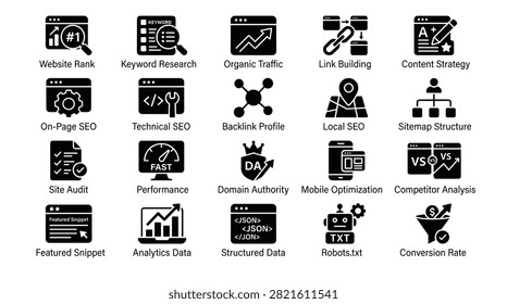 Set of solid vector icons for search engine optimization and digital marketing analysis featuring website ranking keyword research organic traffic link building technical seo site auditing and performance measurement tools for online business strategy.
