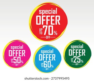 Set of solid vibrant circular Special Offer promotional stickers and discount tag element icons for retail marketing and seasonal sales