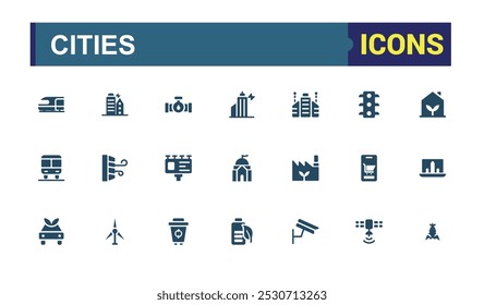 Conjunto de ícones sólidos da web e da interface do usuário para cidades. Coleção cheia de letras inteligentes, computação em nuvem, negócios de inovação e símbolos de glifos de transporte. Pixel perfeito ícone pack.