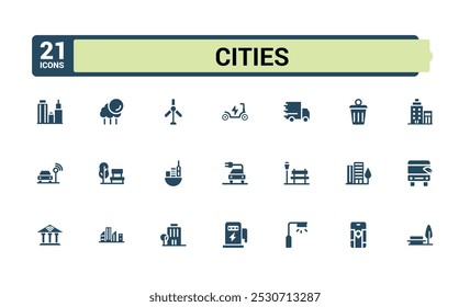 Set of solid web and ui icos for cities. Filled collection of smart sities, cloud computing, innovation business and transport glyph symbols. Pixel perfect icon pack.