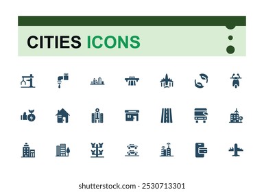 Set of solid web and ui icos for cities. Filled collection of smart sities, cloud computing, innovation business and transport glyph symbols. Pixel perfect icon pack.
