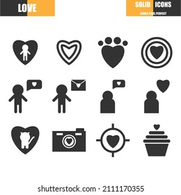 Set of solids icons. Love and valentine concept. Such as pet lovers, dating online, cameras, cup cake.  Pixel perfect 64x64 For web and mobile.