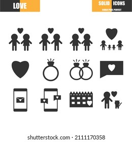 Set of solids icons. Love and valentine concept. Such as couple, ring love pet, family, online dating, heart, and calendar. Pixel perfect 64x64 For web and mobile.