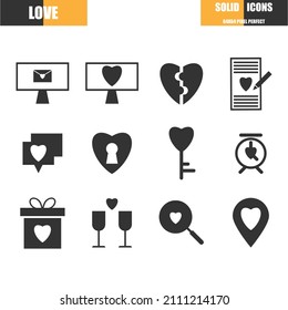 Set of solids icons. Love and valentine concept. Such as couple, online dating, celebration, champagne, key, lock heart, love letter. Pixel perfect 64x64 For web and mobile.