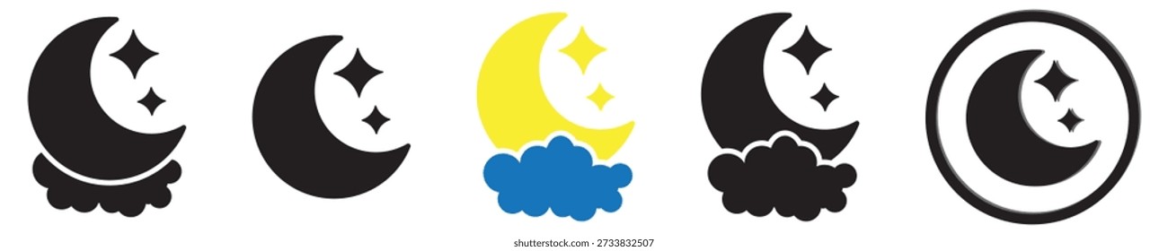 Set of solid-style night icons featuring moon and stars, plus a moon with stars and cloud symbol. Simple, bold nighttime elements ideal for weather apps, sleep themes, and dark mode designs.