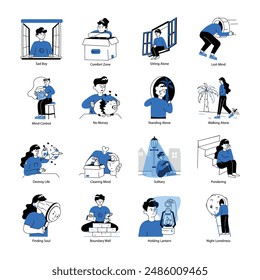 Set of Solitude Hand Drawn Mini Illustrations 

