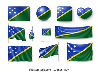 Set Solomon Islands realistic flags, banners, banners, symbols, icon. Vector illustration of collection of national symbols on various objects and state signs