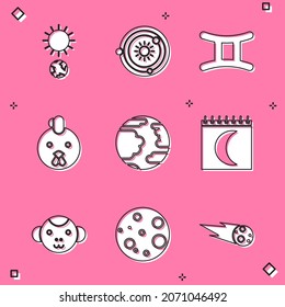Set Solstice, Solar system, Gemini zodiac, Rooster, Planet Mercury, Moon phases calendar, Monkey and  icon. Vector