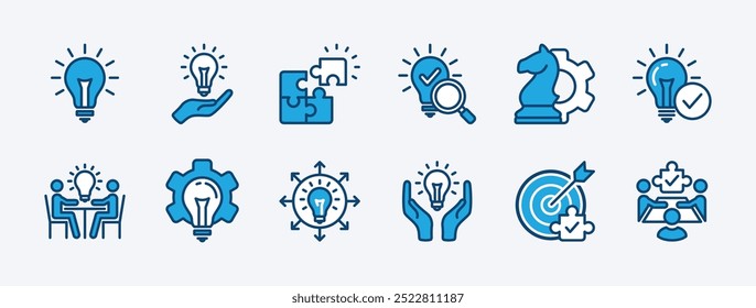 Set of solution icon. Containing problem solving, light bulb, idea, strategy, creativity, innovation, meeting, teamwork, connecting, management, puzzle, creative, invention, jigsaw vector illustration