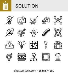 Set of solution icons. Such as Goals, Incandescent light, Lightbulb, Creative, Skill, Experimentation, Target, Motivation, Light bulb, Development, Idea, Puzzle , solution icons