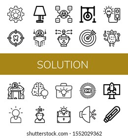 Set of solution icons. Such as Idea, Target, Lamp, Human resources, Skill, Thinking, Darts target, Light bulb, Confused, Data mining, Brainstorming, Brain, Lightbulb , solution icons