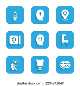 Set Solution to the problem, Armchair, Comedy and tragedy masks, Head with heart, Psychology, Psi,  and Addiction drug icon. Vector