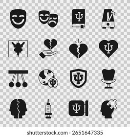 Set Solution to the problem, Armchair, Psychology, Psi, book,, Broken heart or divorce, Rorschach test, Comedy theatrical mask and  icon. Vector
