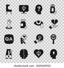 Set Solution to the problem, Broken heart or divorce, Head with question mark, Sedative pills, Helping hand, Armchair and Tear cry eye icon. Vector