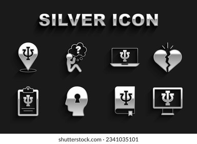 Set Solution to the problem, Broken heart or divorce, Psychologist online, Psychology book, Psi, Psychology,,  and Head with question mark icon. Vector