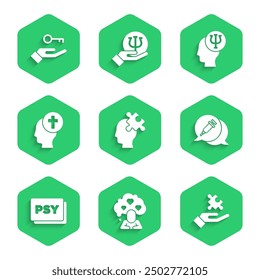 Set Solution to the problem, Broken heart or divorce, Addiction drug, Psychology, Psi, Man graves funeral sorrow,  and  icon. Vector