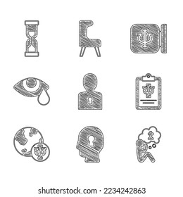 Set Solution to the problem, Man graves funeral sorrow, Psychology, Psi, Tear cry eye,  and Old hourglass icon. Vector