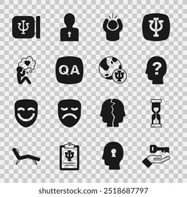 Set Solution to the problem, Old hourglass, Head with question mark, Anger, Question and Answer, heart, Psychology, Psi and  icon. Vector