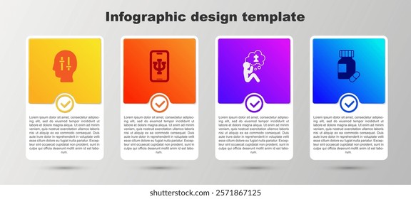 Set Solution to the problem, Psychologist online, Man graves funeral sorrow and Sedative pills. Business infographic template. Vector