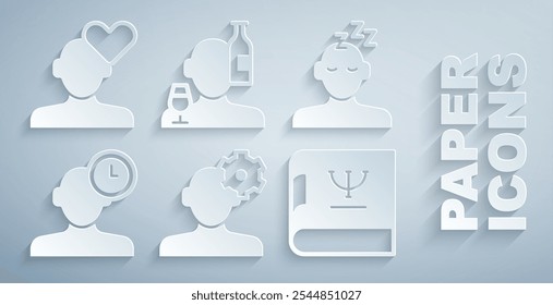 Set Problema da solução em psicologia, sonhos, insônia, livro de psicologia, alcoolismo e coração partido ou ícone de divórcio. Vetor