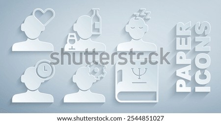 Set Solution problem in psychology, Dreams, Insomnia, Psychology book, Alcoholism and Broken heart or divorce icon. Vector
