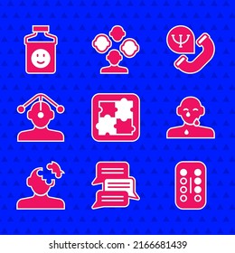 Set Solution problem in psychology, Online psychological counseling, Sedative pills, Tear cry eye, Hypnosis,  and Antidepressants icon. Vector