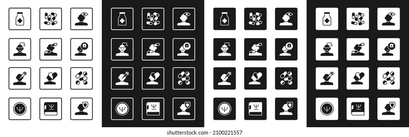 Lösen Sie das Problem der Psychologie, der Heiltabletten, der Erschütterung, Kopfschmerzen, des männlichen Arztes, der Medizin-Tablette und des Suchtstoffsymbol. Vektorgrafik