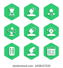 Set Solution problem in psychology, Yin Yang symbol, Online psychological counseling, Hypnosis, Sedative pills, Schizophrenia, Psychology and Old hourglass icon. Vector