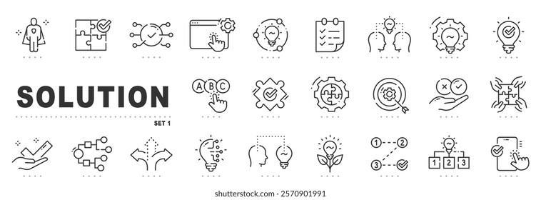 Set of solution related line icons. Problem solving, puzzle, decision etc. Editable stroke.