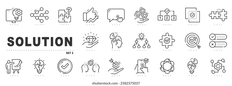 Set of solution related line icons. Problem solving, puzzle, decision etc. Editable stroke. Set 2