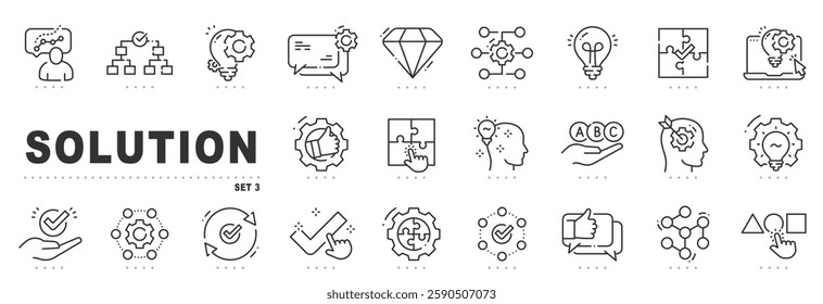 Set of solution related line icons. Problem solving, puzzle, decision etc. Editable stroke. Set 3