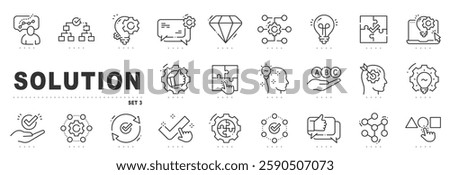 Set of solution related line icons. Problem solving, puzzle, decision etc. Editable stroke. Set 3