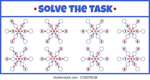 Set of solve the task. Mathematical puzzle game. Worksheet. Learning mathematics. Tasks for addition for preschool children.
