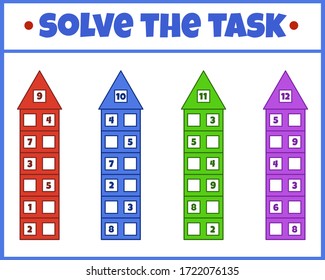 Set of solve the task. Mathematical puzzle game. Worksheet. Learning mathematics. Tasks for addition for preschool children.