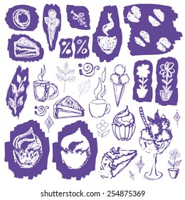 A set of some dessert symbols drawn in sketch style with grunge chalk texture